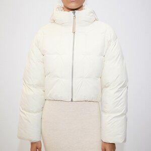 Short ecru padded hooded anorak puff coat jacket